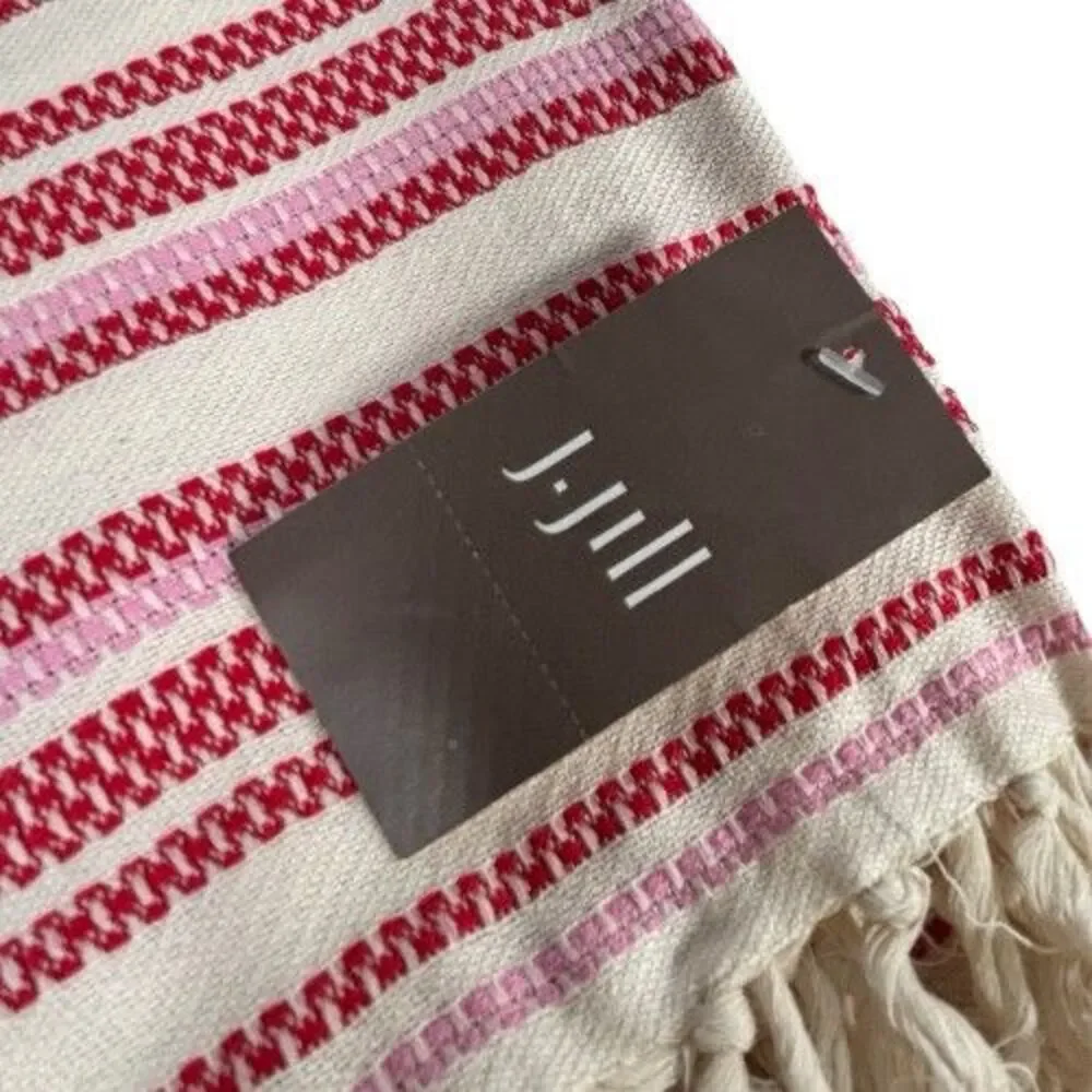 New J. Jill Tasseled Cotton Oversize Striped Blanket Shawl Throw Fringe 70 X 48
